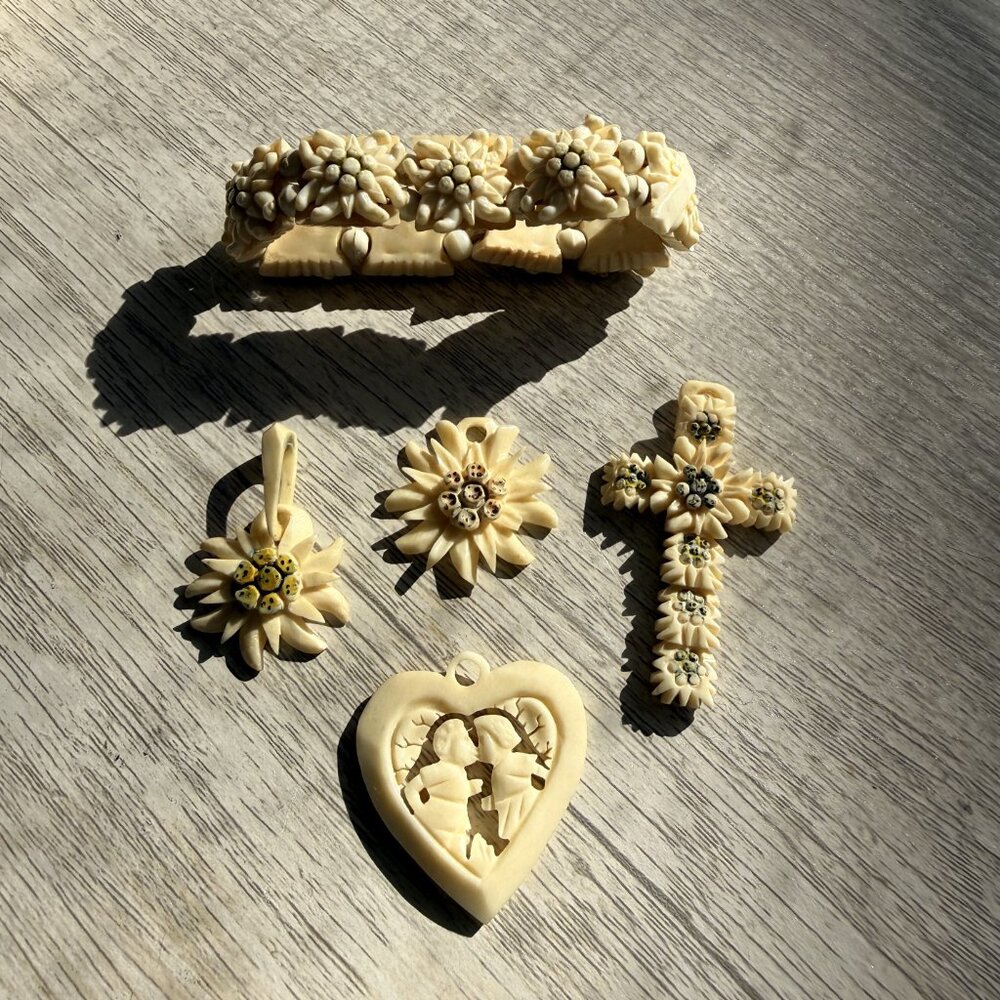Set of Vintage Carved Bone Pieces from Alpine Region circa 1930-1950